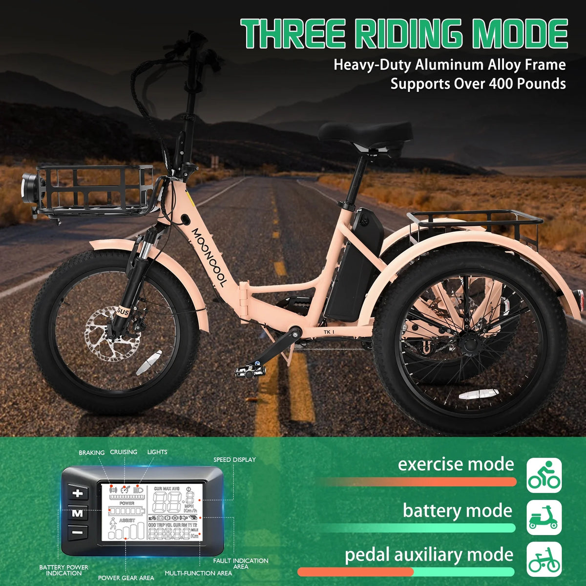 MOONCOOL TK1 Folding Electric Tricycle for Adults,48V 14.5Ah Removable battery, 500W Peak 1000w Motor, 20" Fat Tire Step-Thru 3Wheel Electric Bicycle w/Front&Rear Baskets, Certified to UL 2849 by SGS