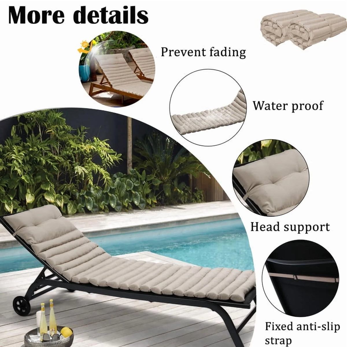 2pcs Outdoor Chaise Lounge Cushions, Waterproof Patio Foldable Chair Cushion for Garden Pool, 73 x 24in Sun Lounger Cushions for Outdoor Furniture Navy blue
