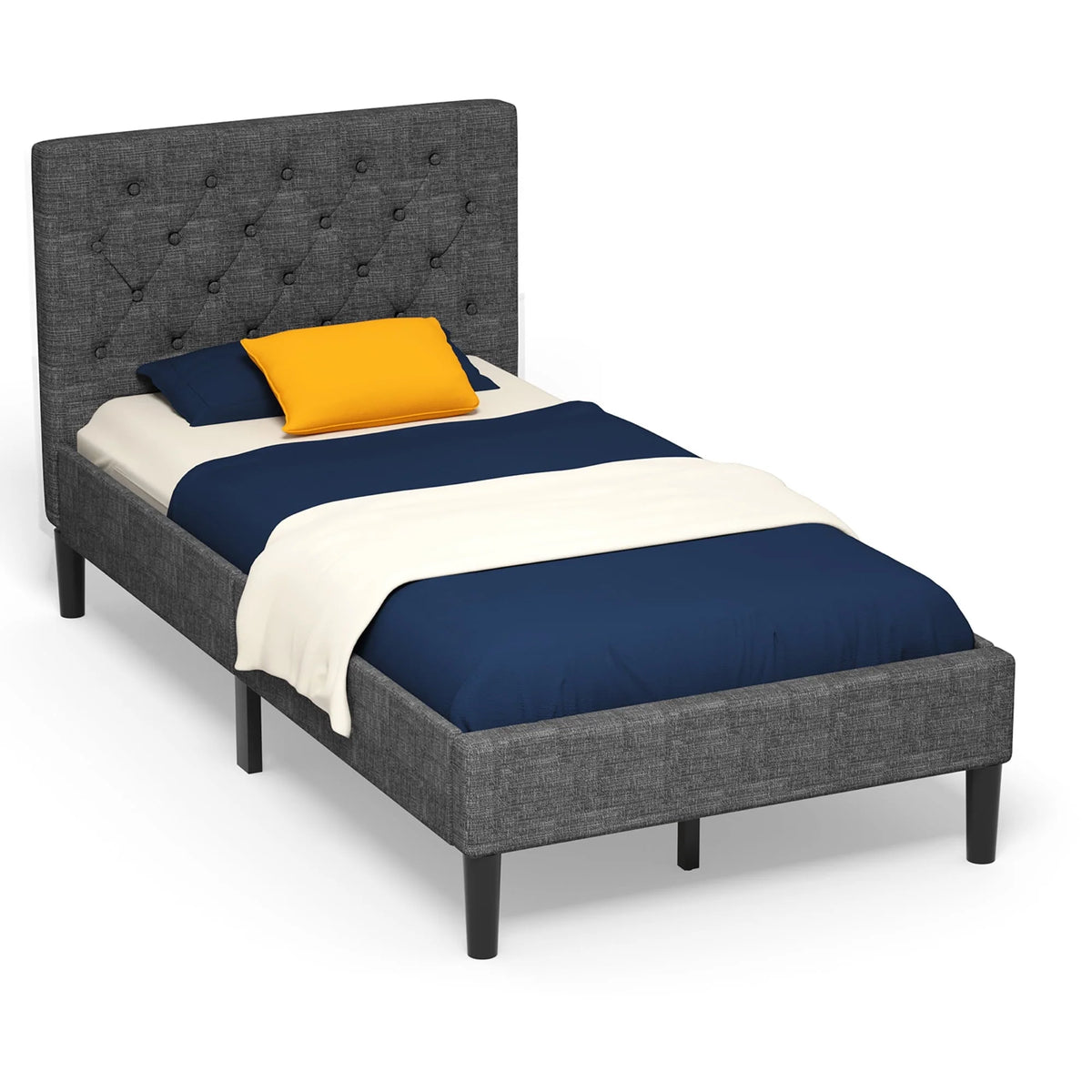 Costway Twin Upholstered Bed Frame Diamond Stitched Headboard Wood Slat Support