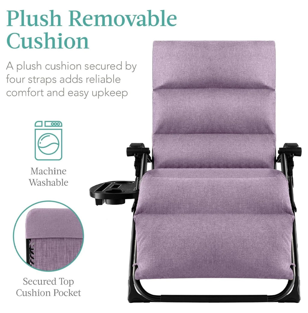 Oversized Chair, Folding Outdoor Patio Recliner, XL Anti Gravity Lounger w/Removable Cushion, Cup Holder, Side Tray, 350lb Capacity - Taupe