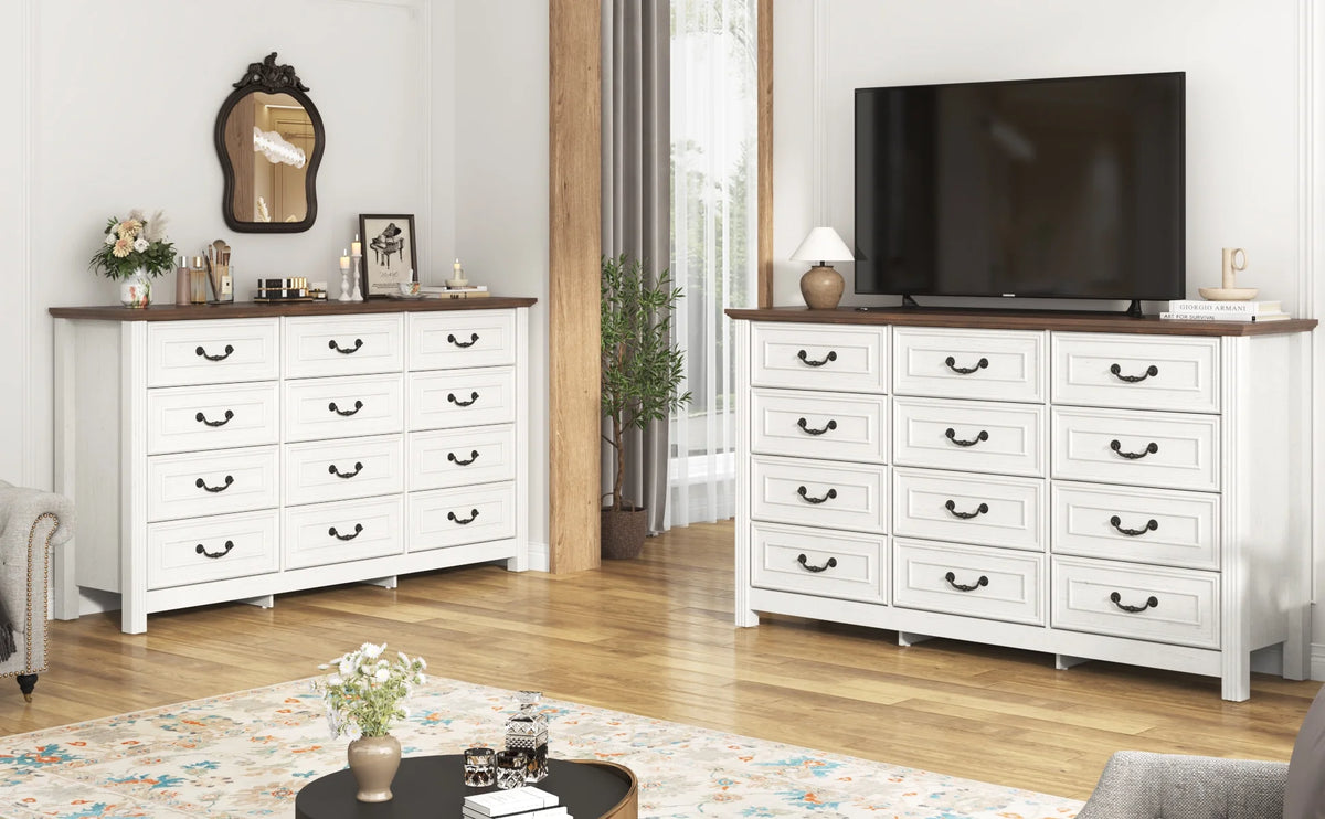 ChVans Farmhouse 12 Drawers Dresser for Bedroom, 63'' Wide Wood Rustic Chest of Drawers with Natural Texture, Vintage Design, Large Storage Dressers Organizer for Living Room, Hallway