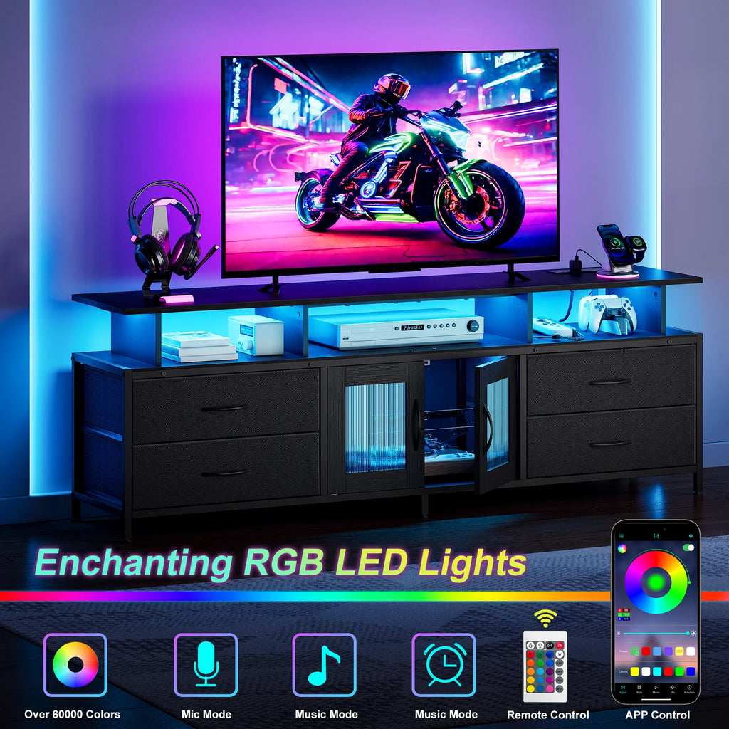 GUNAITO TV Stand for TV up to 70", Big TV Stand for Living Room Entertainment Center with LED Lights and 4 Fabric Drawers , Black