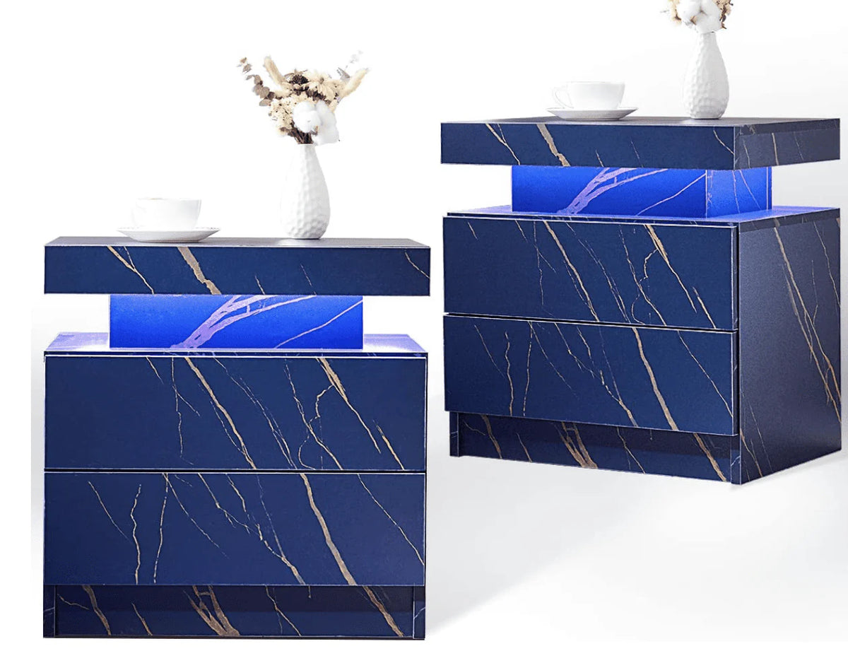 LED Nightstand Set of 2, Modern Bedside Table with 2 Drawers Storage Space, Adjustable Colors LED Light, Black