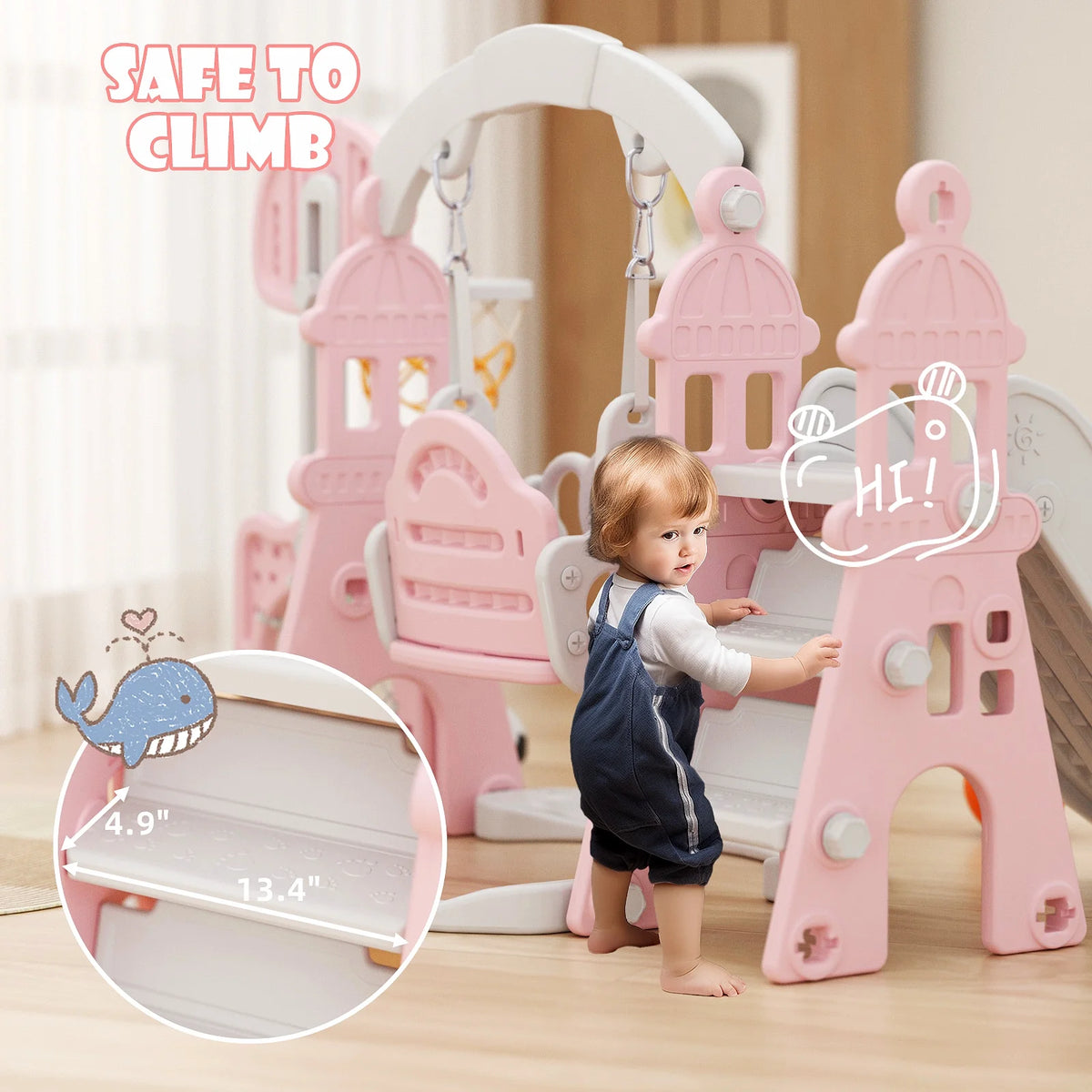 KORIMEFA 6-in-1 Kids Slide and Swing Set - Perfect for Toddlers 1-6 Years - Indoor and Outdoor Playground Slide, Swing, Basketball Hoop, and Climber Toy
