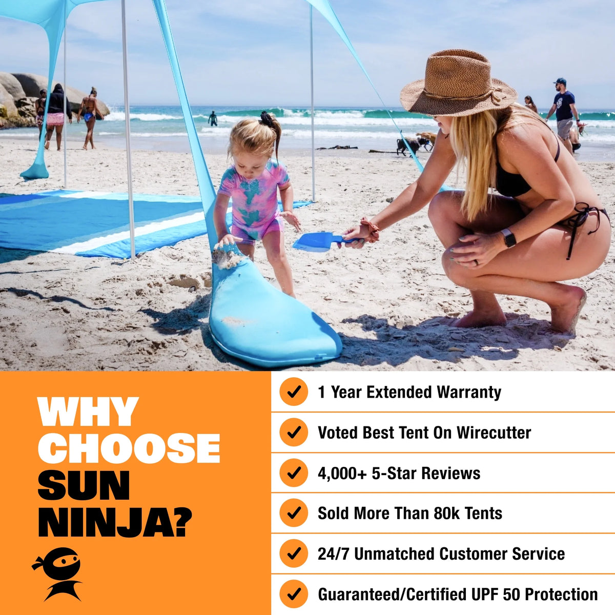 SUN NINJA 10x10.5 FT Pop-Up Beach Tent with Sand Shovel, Pegs & Stability Poles Navy Blue Sun Shelter for Beach, Camping & Outdoor Activities