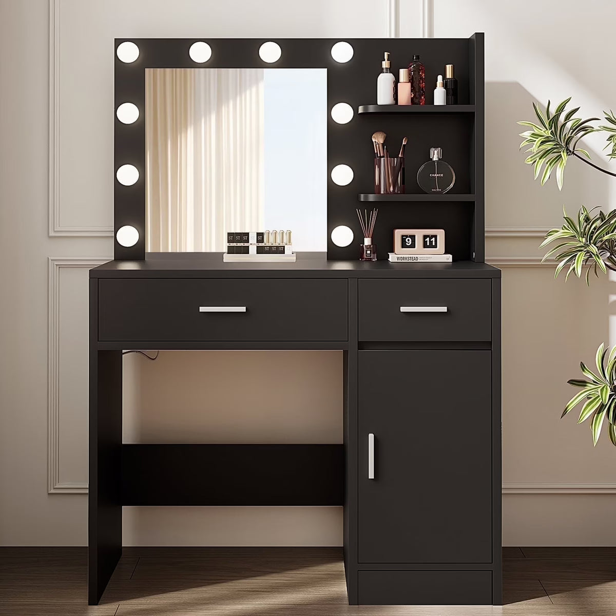 LIVELYGLOW Vanity Desk with Mirror and Lights, Makeup Vanity with Drawer & Storage Shelves, Cabinet, 3 Lighting Modes Adjustable Brightness,White