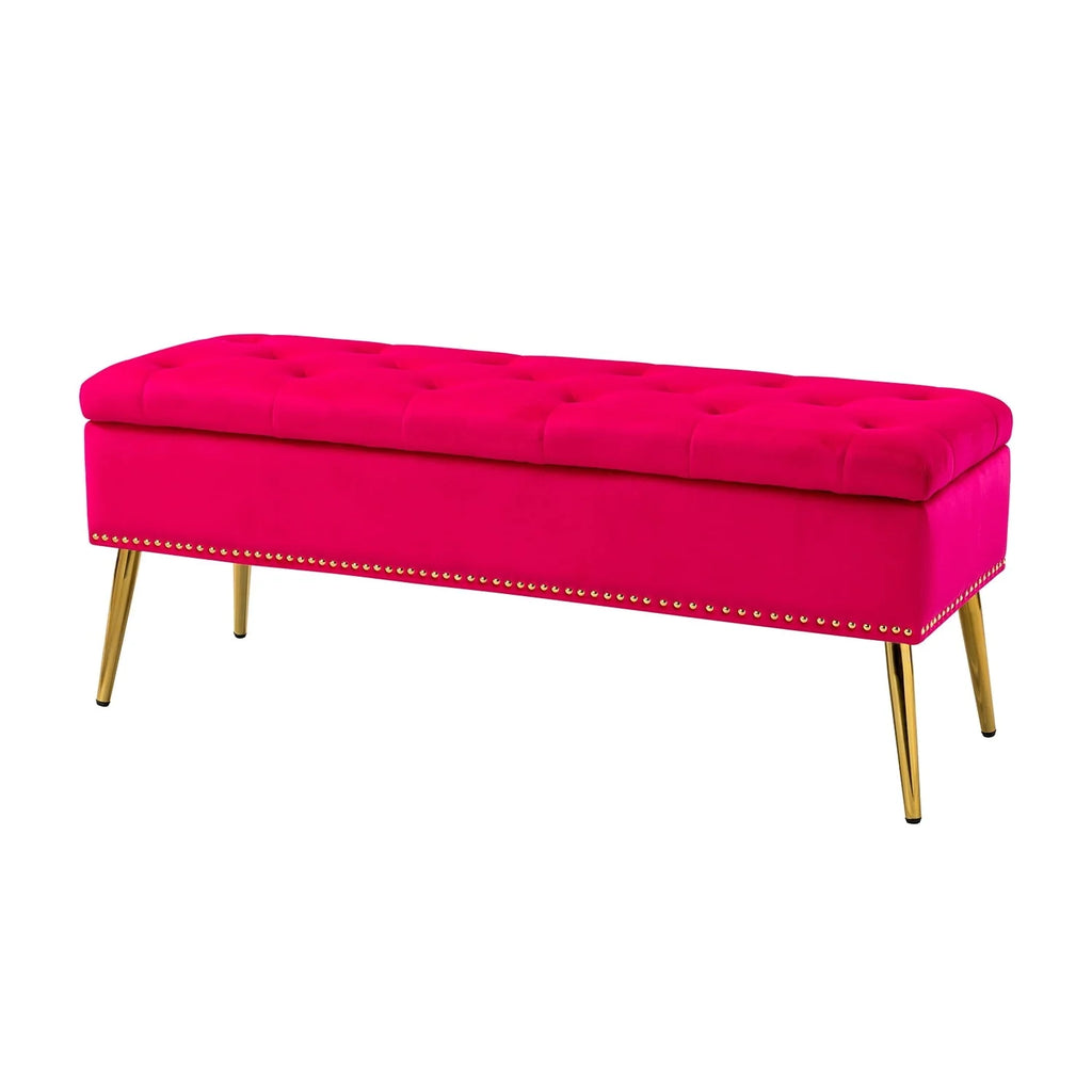 14 Karat Home Velvet Storage Ottoman Bench Gold Leg Upholstered Nailhead Trim Button Tufted Footstool Entryway Bedroom Living Room Pink