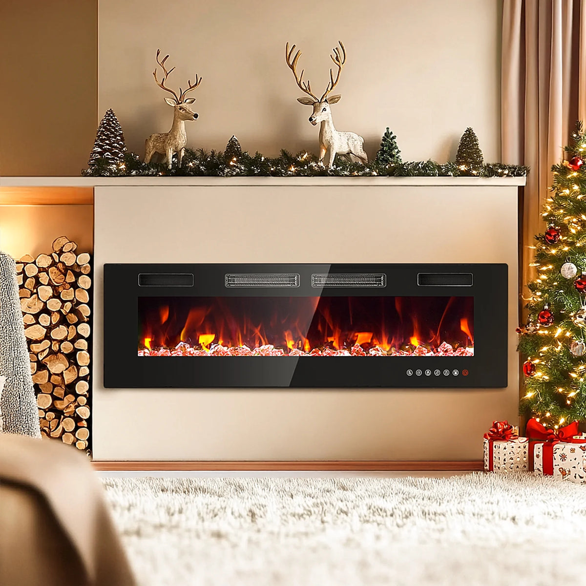 Dovov 50" Wall Mounted Electric Fireplace, Recessed Mirrored Fireplace Heater 750/1500W Ultra Thin Linear Fireplace with Remote Control, Touch Screen, Timer, 2 Heat Fans, Multicolor Flame