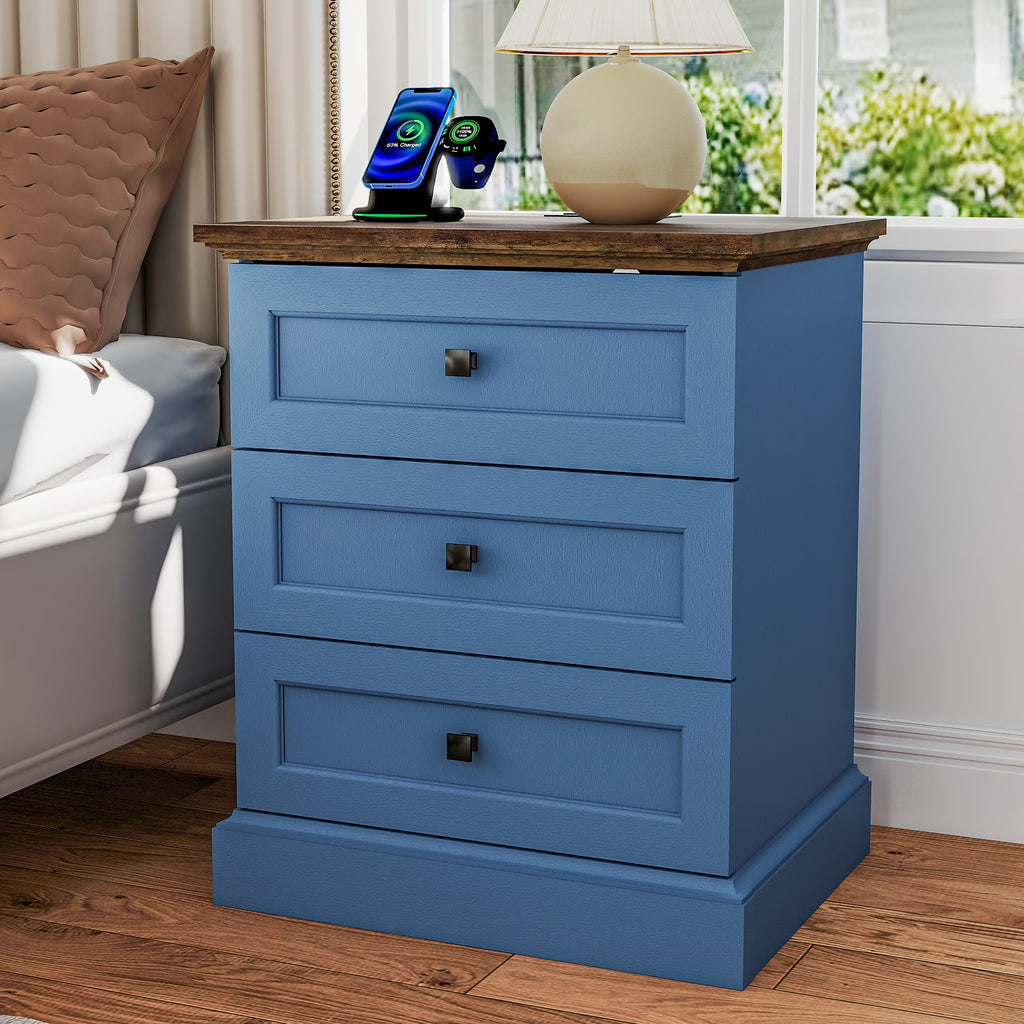 FIAKOA Night Stand Set of 2 with Charging Station, Bedside Table with 2 Drawers Storage and Open Shelf, White Farmhouse Nightstands  for Bedroom Office