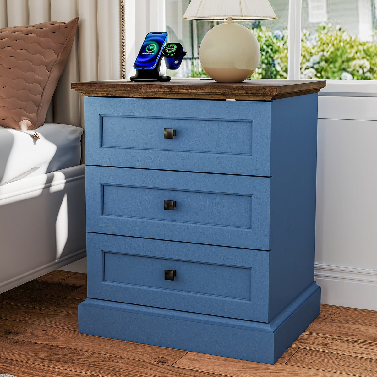 FIAKOA Night Stand Set of 2 with Charging Station, Bedside Table with 2 Drawers Storage and Open Shelf, White Farmhouse Nightstands  for Bedroom Office