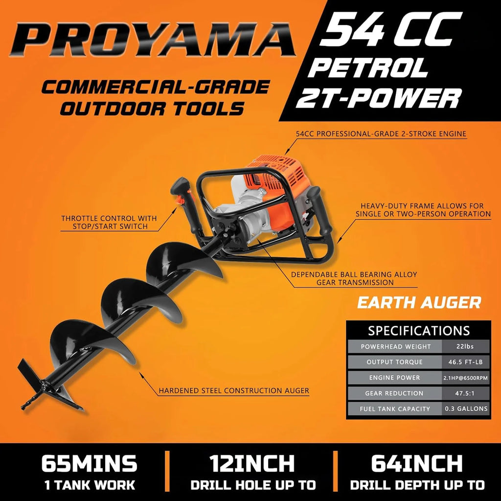 PROYAMA 54cc Post Hole Digger 2 Stroke Gas Powered  Earth Digger, 5-Year Warranty Gear Box, 4 Drill Bits 4" 6" 8" 12" + Extension Rod