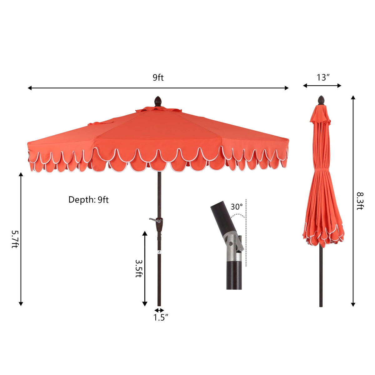 JONATHAN Y Tracy 9 ft. Market Patio Umbrella, Classic Mid-Century Scalloped Fringe, with Auto-Tilt Crank, Wind Vent and UV Protection, Coral Pink/White, Dark Brown Pole