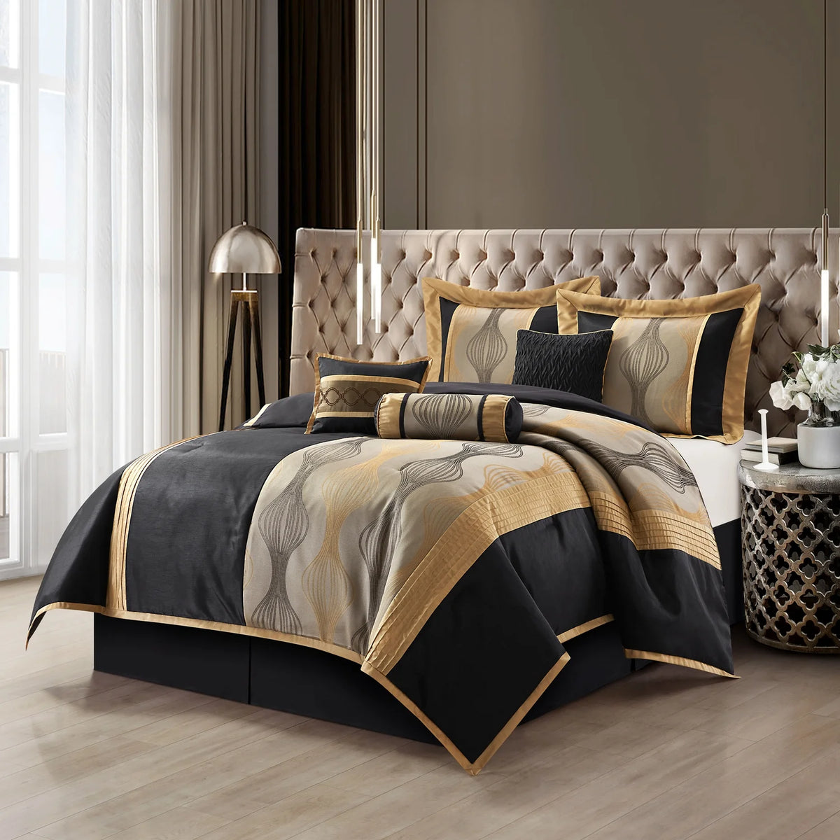 Lanco Black Silver Comforter Set , California King Size , 7 Pieces Fashion Jacquard Bedding Set