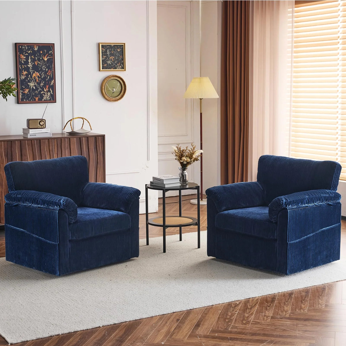 FFH 33" Oversized Swivel Accent Chair,Armchair with Side Pocket,Upholstered Corduroy Lounge Chaise Chair,Barrel Chairs,Comfy Single Sofa Chair for Living Room Reading Bedroom Office,Black