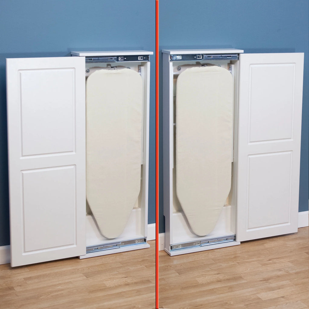 Household Essentials Iron n Fold Wall Ironing Board Cabinet, Built-In Ironing Board, Sturdy MDF, Melamine Cabinet, 7 Height Settings, Mounts Securely to Wall, Includes Pad with Cover, White