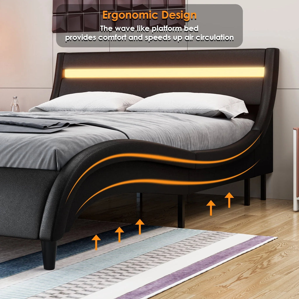 Homfa Full LED Bed, 16 Colors LED Lights Platform Bed Frame with Adjustable Upholstered Headboard, Black
