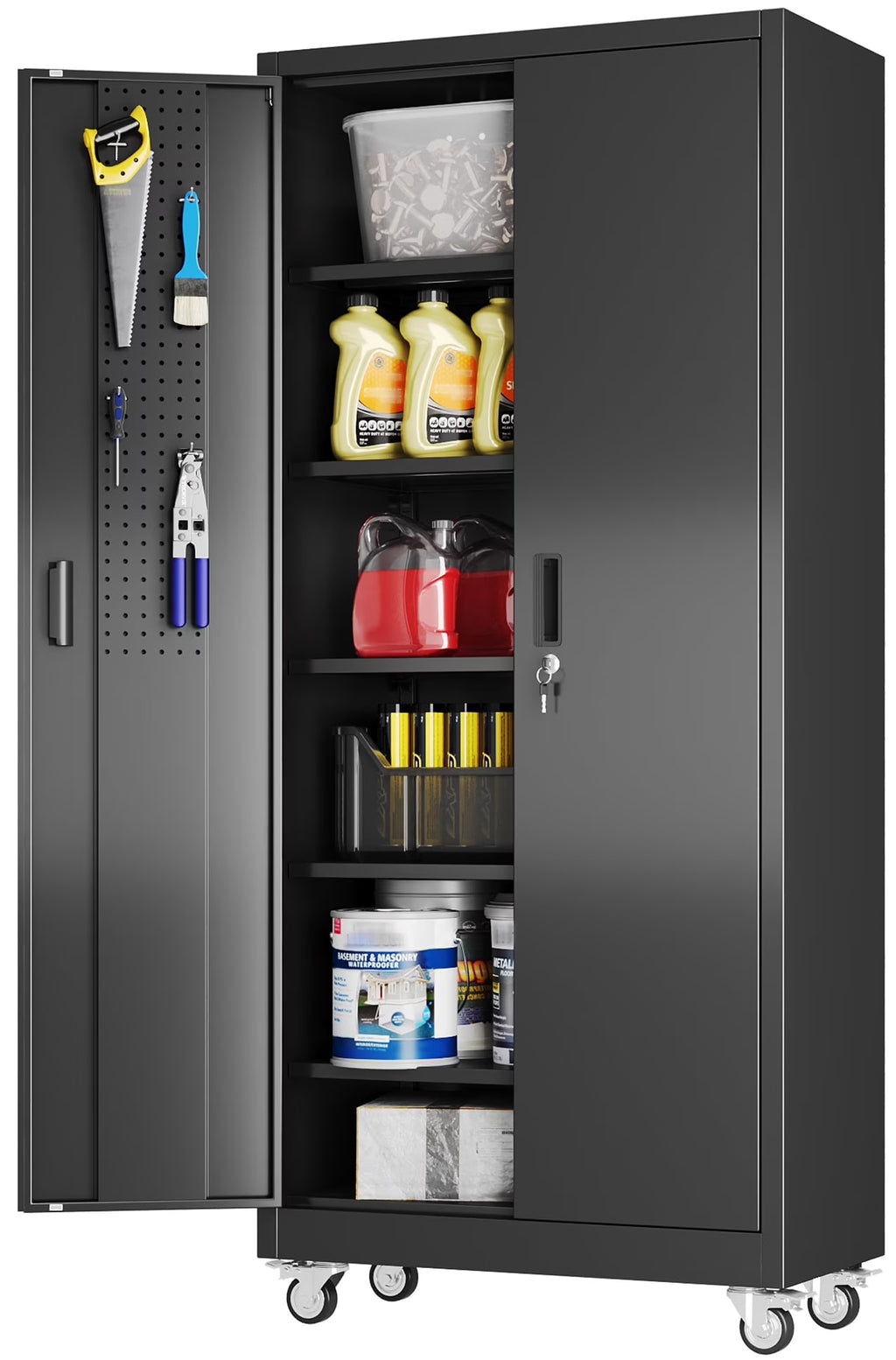 GangMei 71 Inches Tall Metal Garage Storage Cabinets with 5 Adjustable Shelves & Pegboards, Lockable Steel Black Storage Cabinet with Doors for Office, Home, School, Shops, Garage, Assembly required