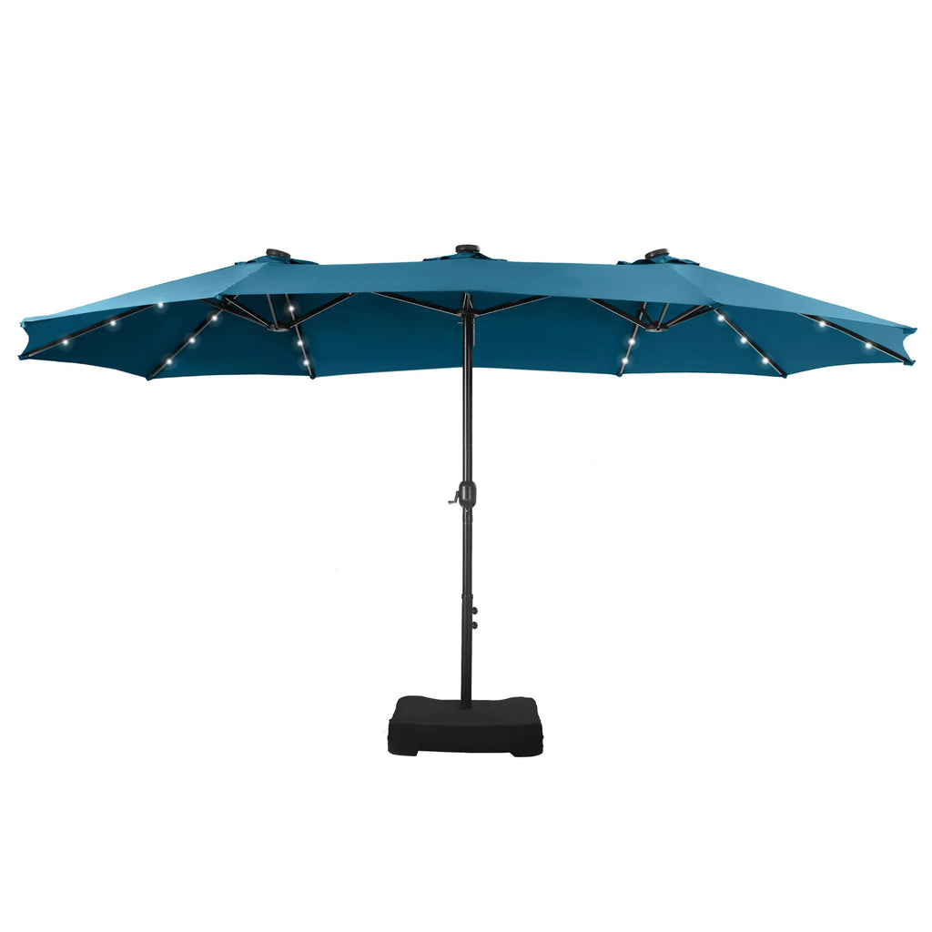 Summit Living 15 FT Double-Sided Solar Patio Umbrella with Base Large Outdoor Umbrella with LED Solar Lights - Haze Blue
