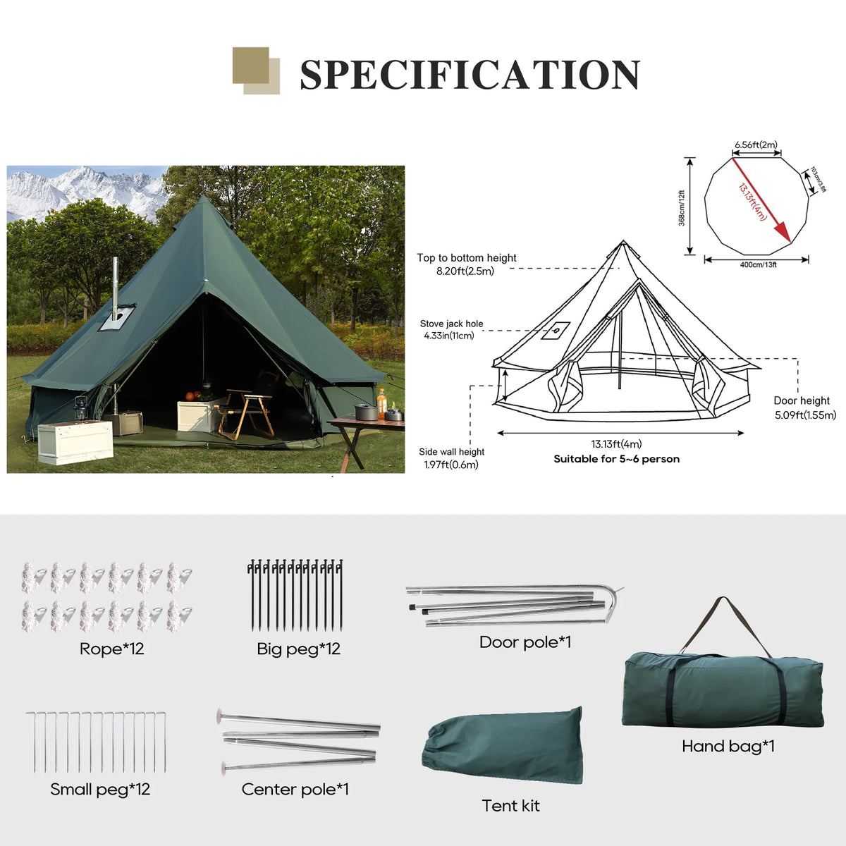 LVUYOYO Bell Tent for Camping, Cotton Canvas Bell Tent with Stove Jack, Outdoor Canvas Bell Tent for Family Glamping Camping, 4 Season Tent with Zipped Removable Floor,5M,Green