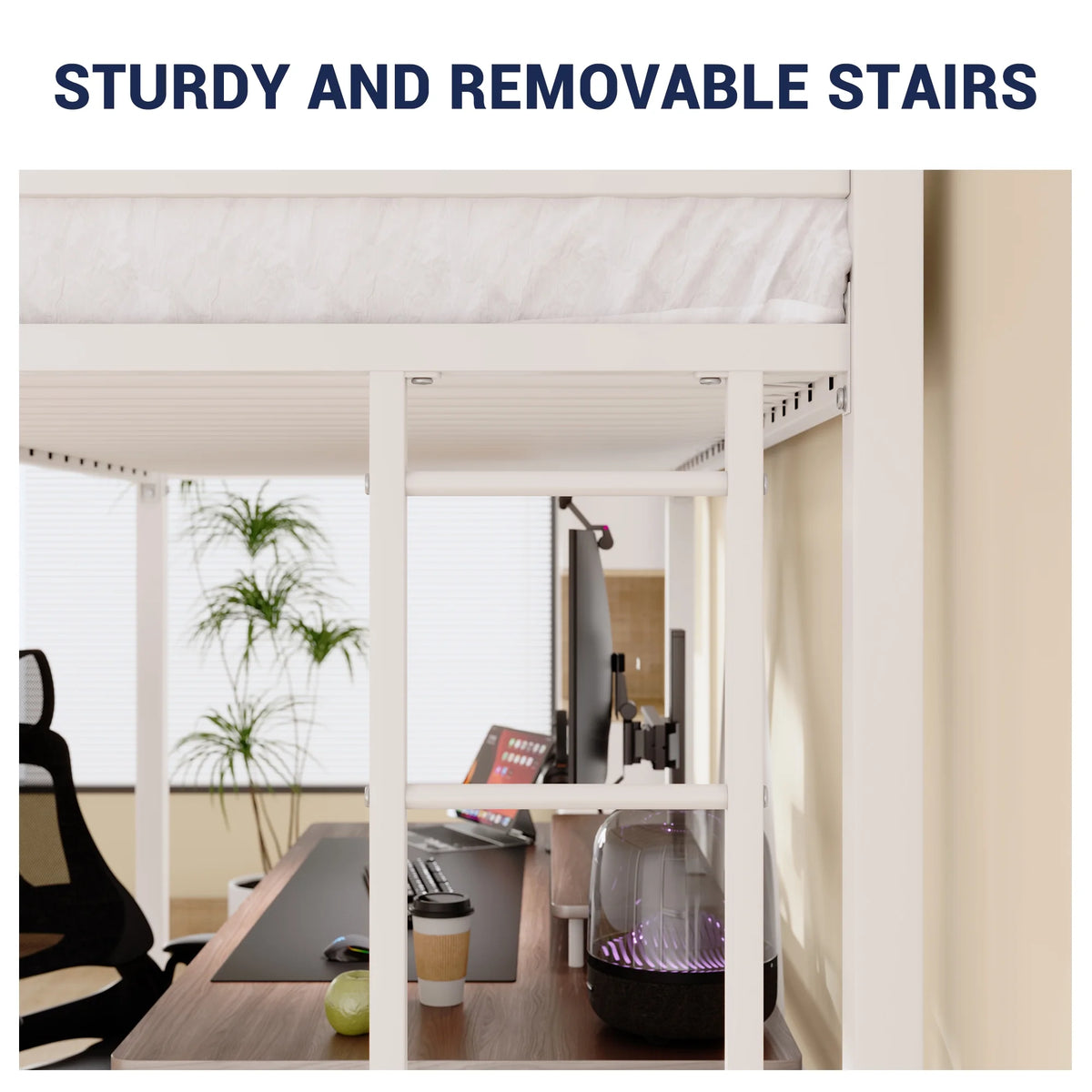 Sifurni Black Heavy Duty Twin Size Metal Loft Bed with Full-Length Guardrail & Removable Stairs