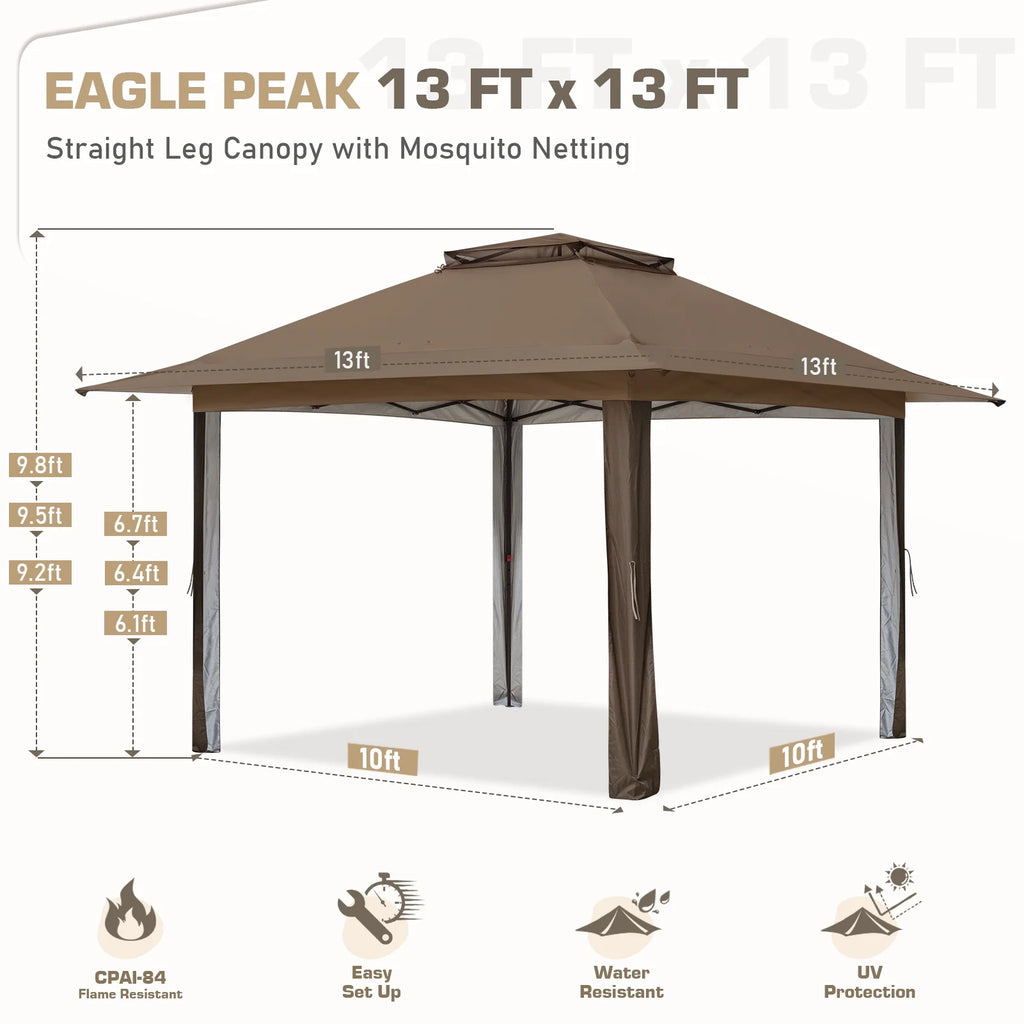 EAGLE PEAK 13' x 13' Pop-Up Gazebo Tent Instant w/Mosquito Netting，Outdoor Gazebo Canopy Easy Set-up Folding Shelter (Beige/Brown)