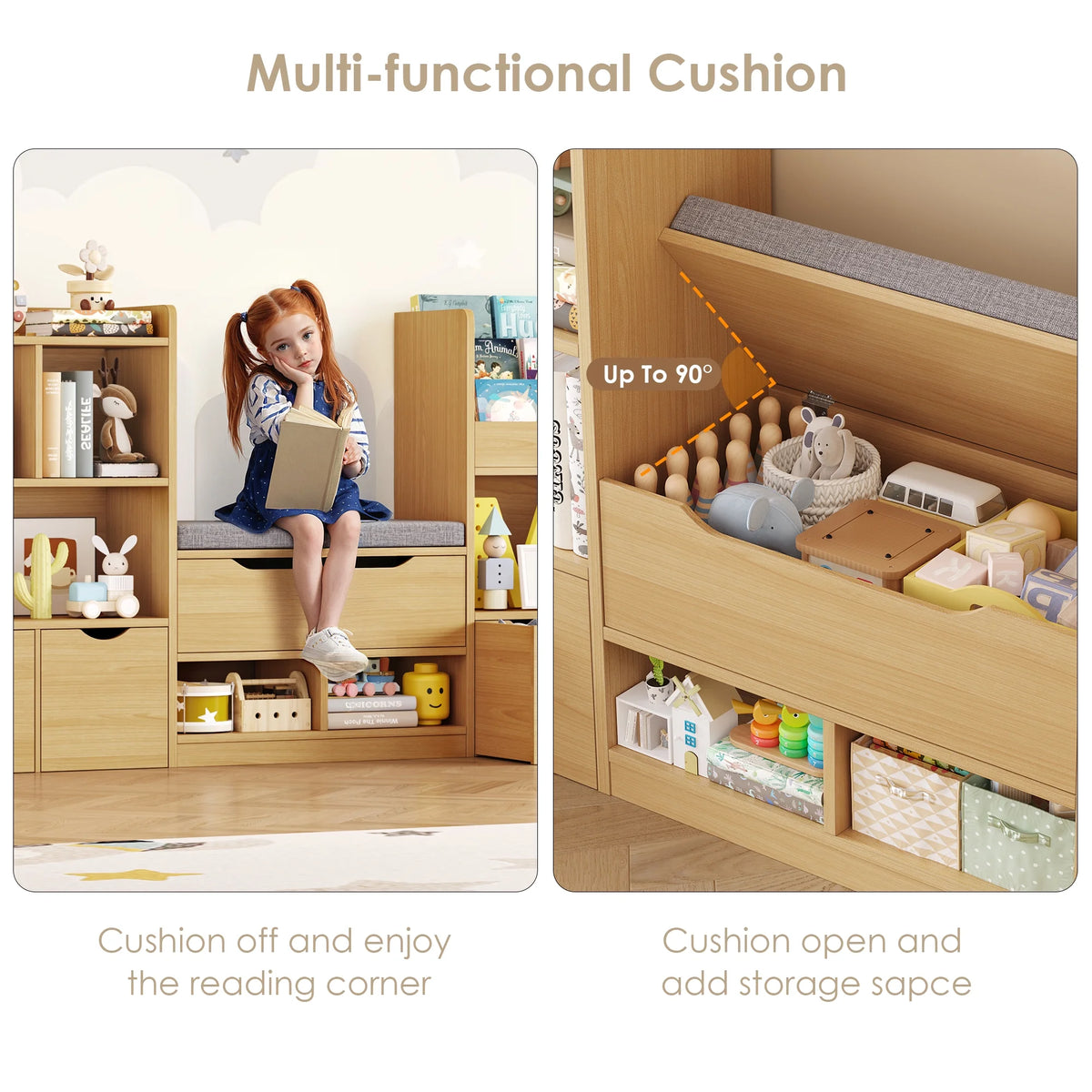 Hiphuta 72"Wide Kids Bookcase with Reading Nook and Under Bench Storage, Wooden Toy Storage Organizer & Book Rack for Kids Room, White