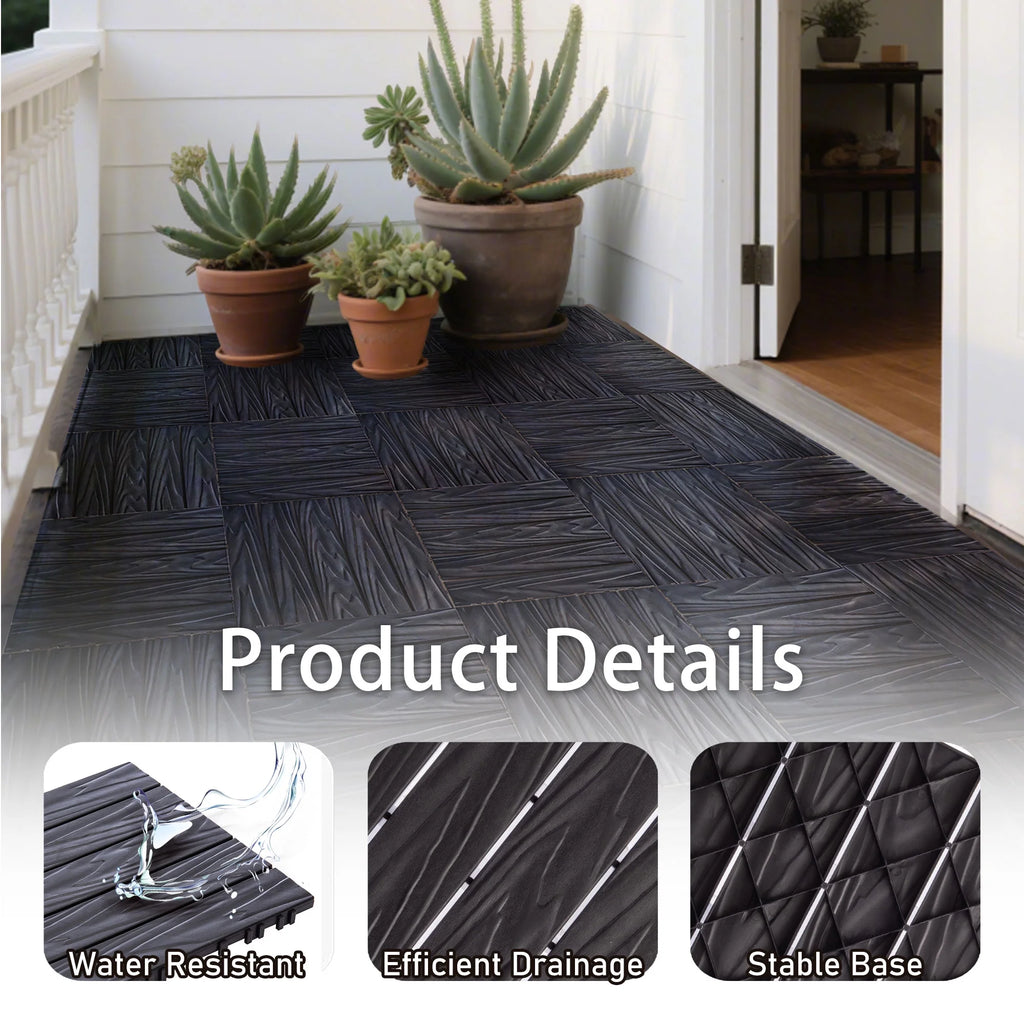 76 Pack Interlocking Deck Tiles, 11.42"x11.42", Polypropylene, Waterproof Outdoor Flooring, 3D Wood Grain Plastic, for Patio, Balcony, Backyard