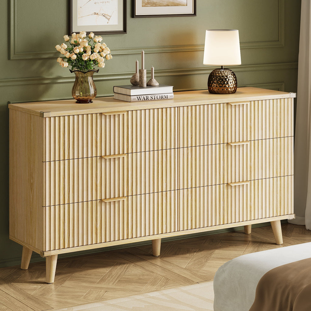 GIKPAL Bedroom Dresser and Nightstand 3 Piece Set - Includes Boho Double 6 Drawer Storage Dresser, Nightstand Set of 2 with Charging Station, Modern Bedroom Set, Natural
