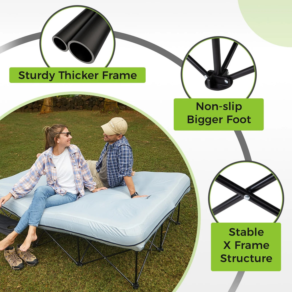 FUNDANGO 2 Person Folding Camping Cots with Air Mattress and Pump Comb, Double Portable  Inflatable  Camp Bed with Side Table, Support 529lbs Camping Bed Queen Size for Adults