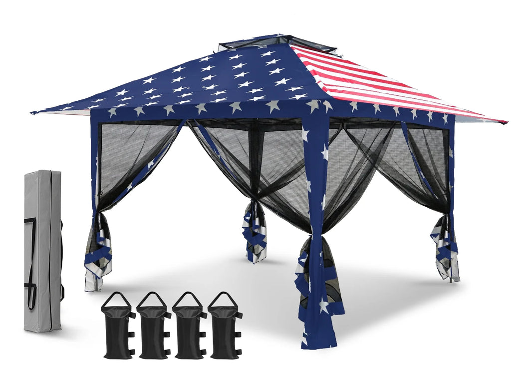 EAGLE PEAK 13' x 13' Pop-Up Gazebo Tent Instant w/Mosquito Netting，Outdoor Gazebo Canopy Easy Set-up Folding Shelter (Beige/Brown)