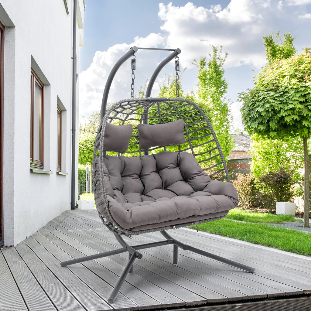 Brafab 2 Person Swing Egg Chair with Sturdy Stand and Fluffy Cushion, Large Double Hand-Woven Wicker Rattan Hanging Egg Chairs, Porch Swing Loveseat 500LBS Capacity for Indoor Outdoor, Light Grey