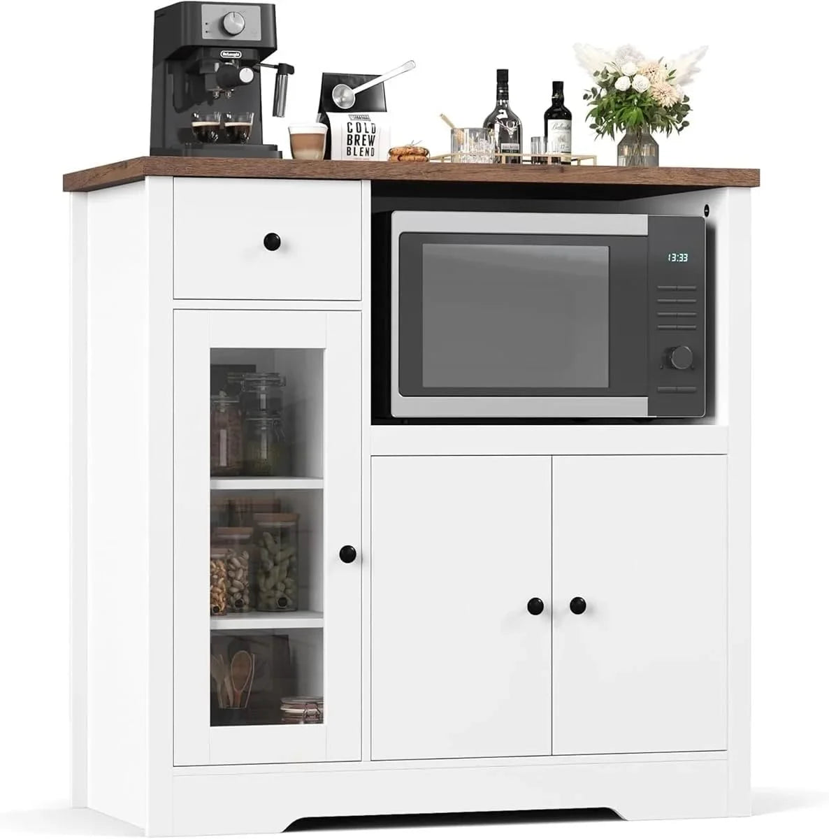 Kitchen Microwave Cabinet with Storage,Buffet Sideboard with 3 Doors, 1 Drawer & Adjustable Shelves, Pantry Storage Cabinet, White