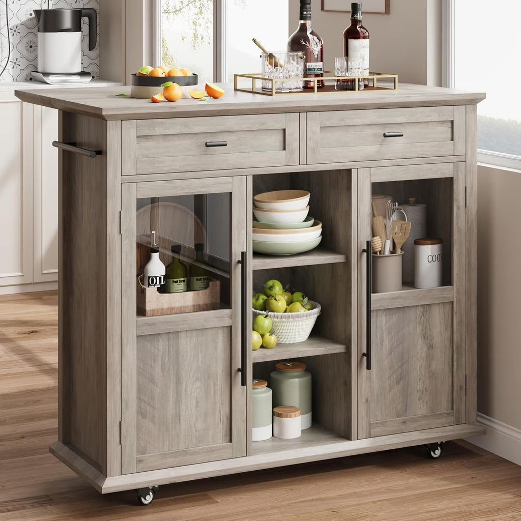 WALYWIK Foldable Kitchen Island Cart with Wheels, 2 Glass Doors, Spice Rack & Towel Holder Compact Mobile Storage Cart for Small Kitchens, Dining Rooms, Camping & RVs - Grey