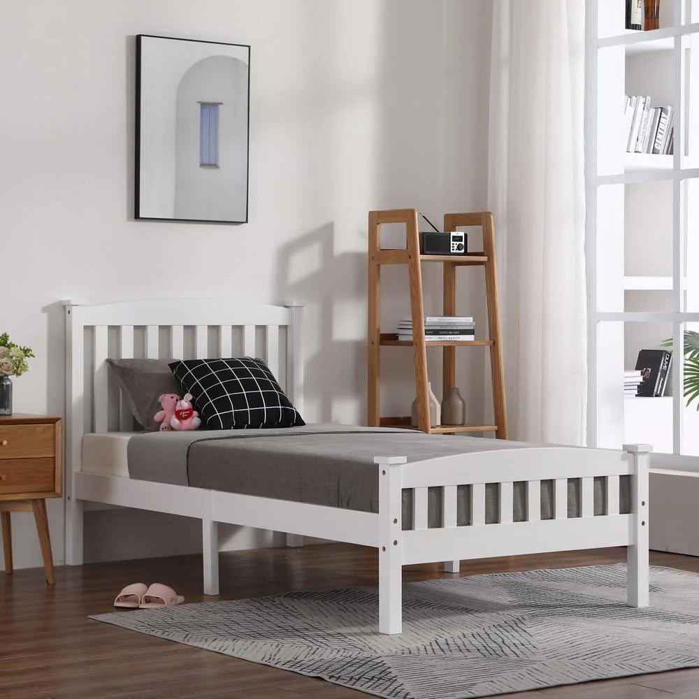 Ktaxon Twin Bed Frame,Solid Pine Wood Kids Twin Platform Bed Frame, Bedroom Twin Bed with Headboard for Adults, White, 78.94 L*42.44 W*39.17 H