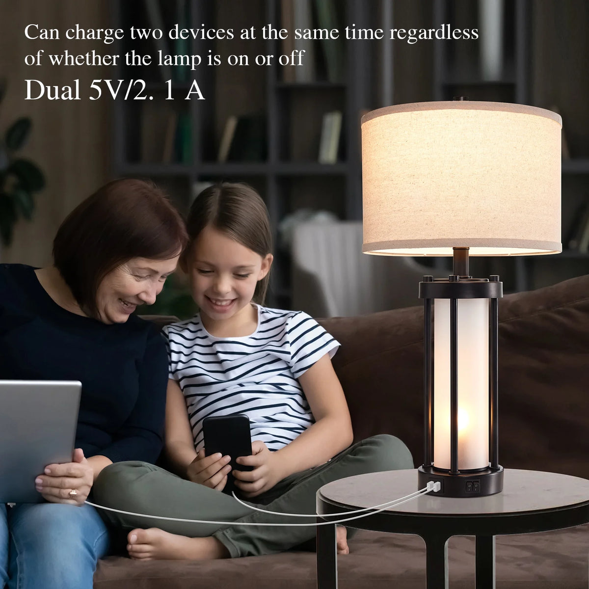 RORIA 24 Modern Living Room Table Lamp 2-Piece Set with 2 USB Charging Ports, Built-in White Frosted Glass with Night Light, Black Vintage Rustic Farmhouse Lamp for Bedroom Nightstand Lamps
