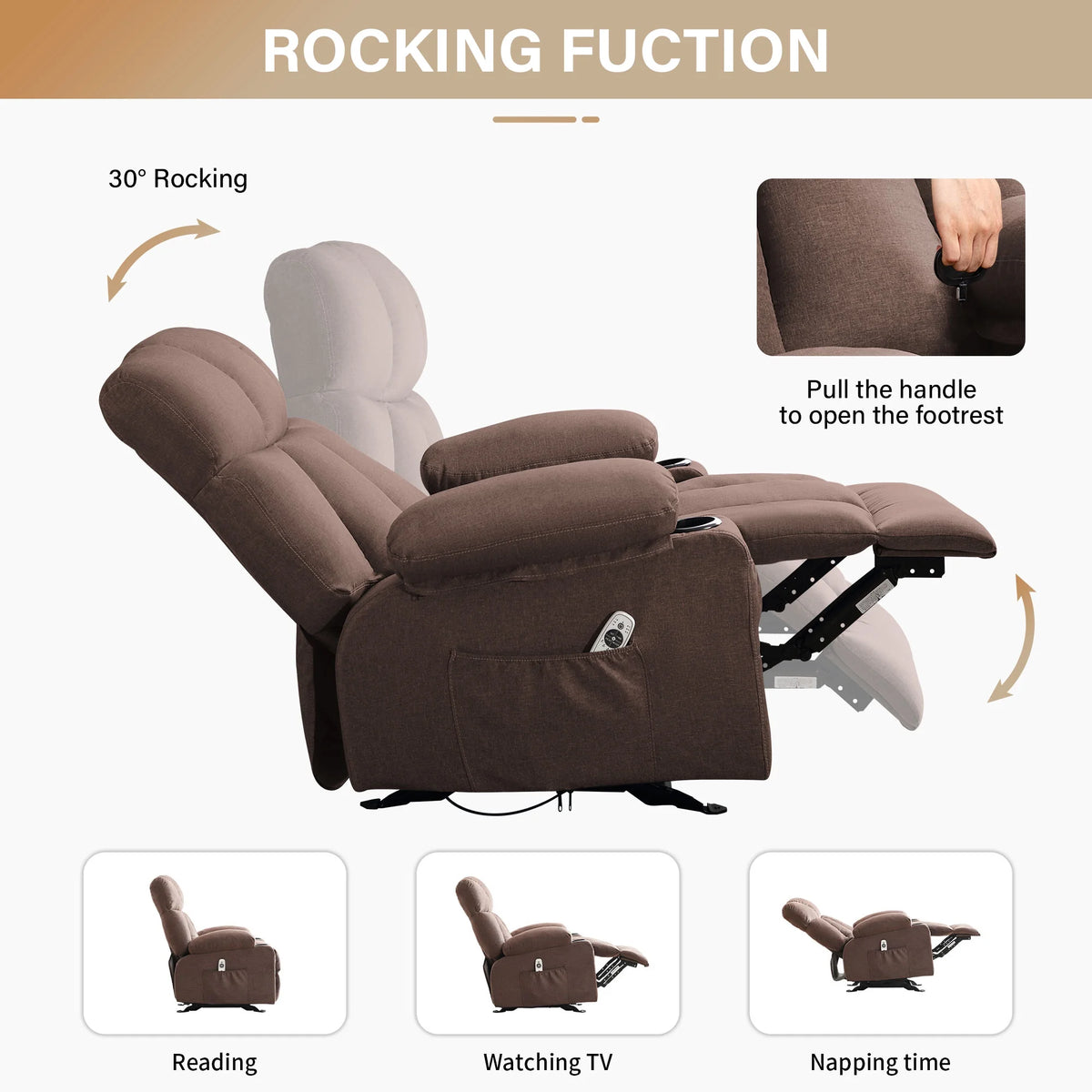 JONPONY Manual Recliner Chair with Heat Therapy and Massage Function, Heavy Duty Reclining Mechanism Massage Chair, Elderly Single Rocker Sofa with Cup Holders for Bedroom Home Theater,Grey
