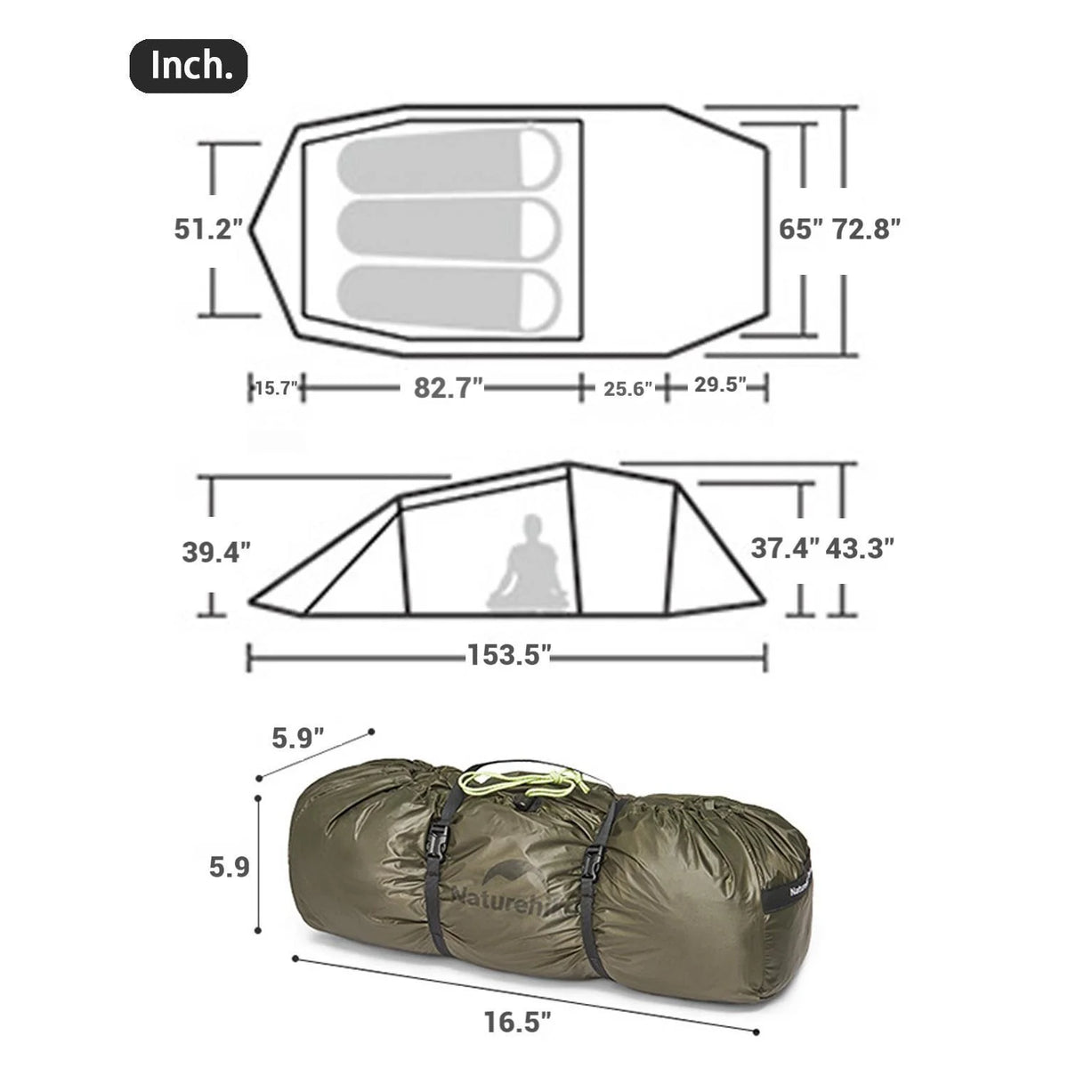 Naturehike, Ultralight Hiking Tent, Tear-resistant Tunnel Tent, Waterproof Camping Tent, Windproof Tent with Hall, 15D Lightweight Silicone-coated Nylon Fabrics,Large size for 2/3 Person.