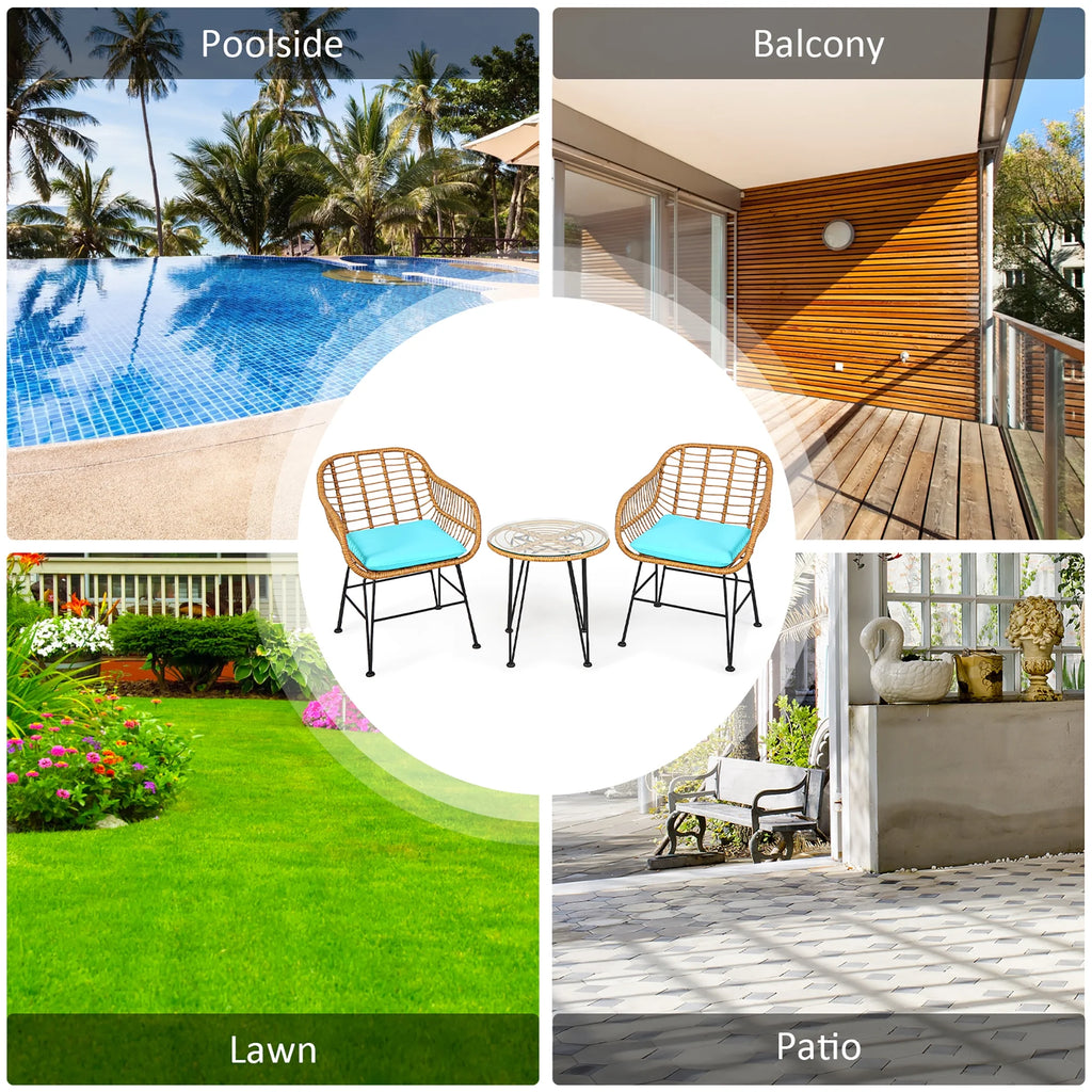 Costway 3PCS Patio Rattan Bistro Furniture Set Cushioned Chair Table Navy