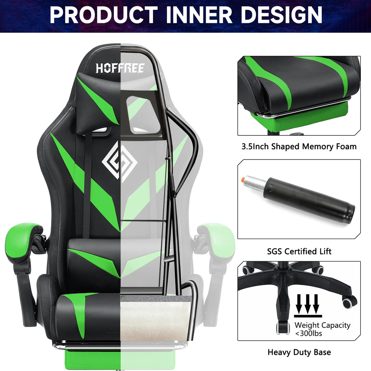 Hoffree Gaming Chair with Speakers PU Leather Office Chair with Footrest and LED Lights Ergonomic Gamer Chair with Massage Lumbar Support and Headrest Adjustable Swivel for Home Office 300lb