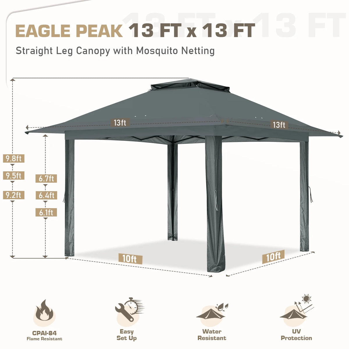EAGLE PEAK 13' x 13' Pop-Up Gazebo Tent Instant w/Mosquito Netting，Outdoor Gazebo Canopy Easy Set-up Folding Shelter (Beige/Brown)