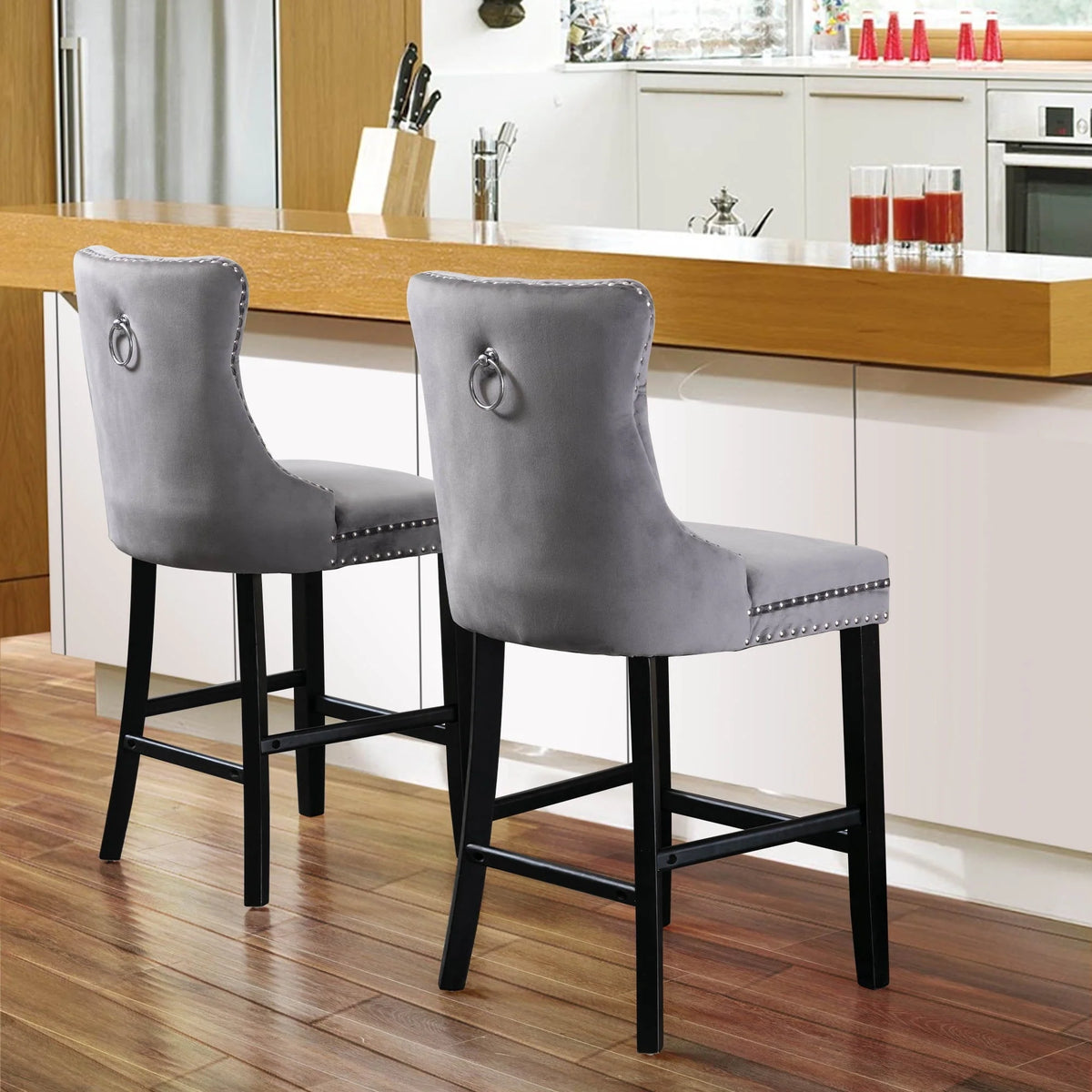 Velvet Bar Stools Set of 2, Upholstered Counter Height Bar Chair with Rivet and Button Trim, Bar Stool with Back and Footrest, for Dining Room, Kitchen, Pub, Gray