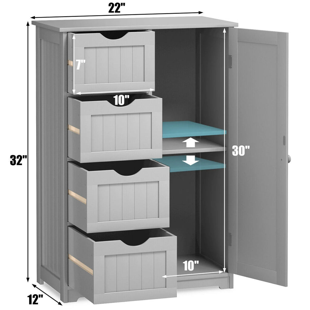 Gymax Bathroom Floor Cabinet Storage Organizer Cupboard w/ 4 Drawers Adjustable Shelf Grey