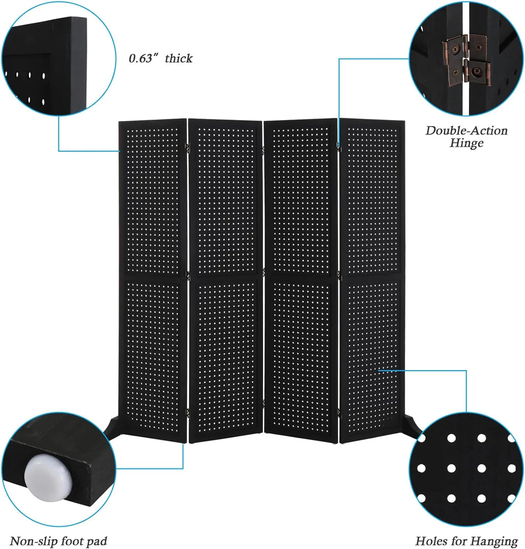 Bonnlo 4 Panel Pegboard Freestanding, 5 FT Portable Display for Craft Show Jewelry, Wooden Folding Room Divider