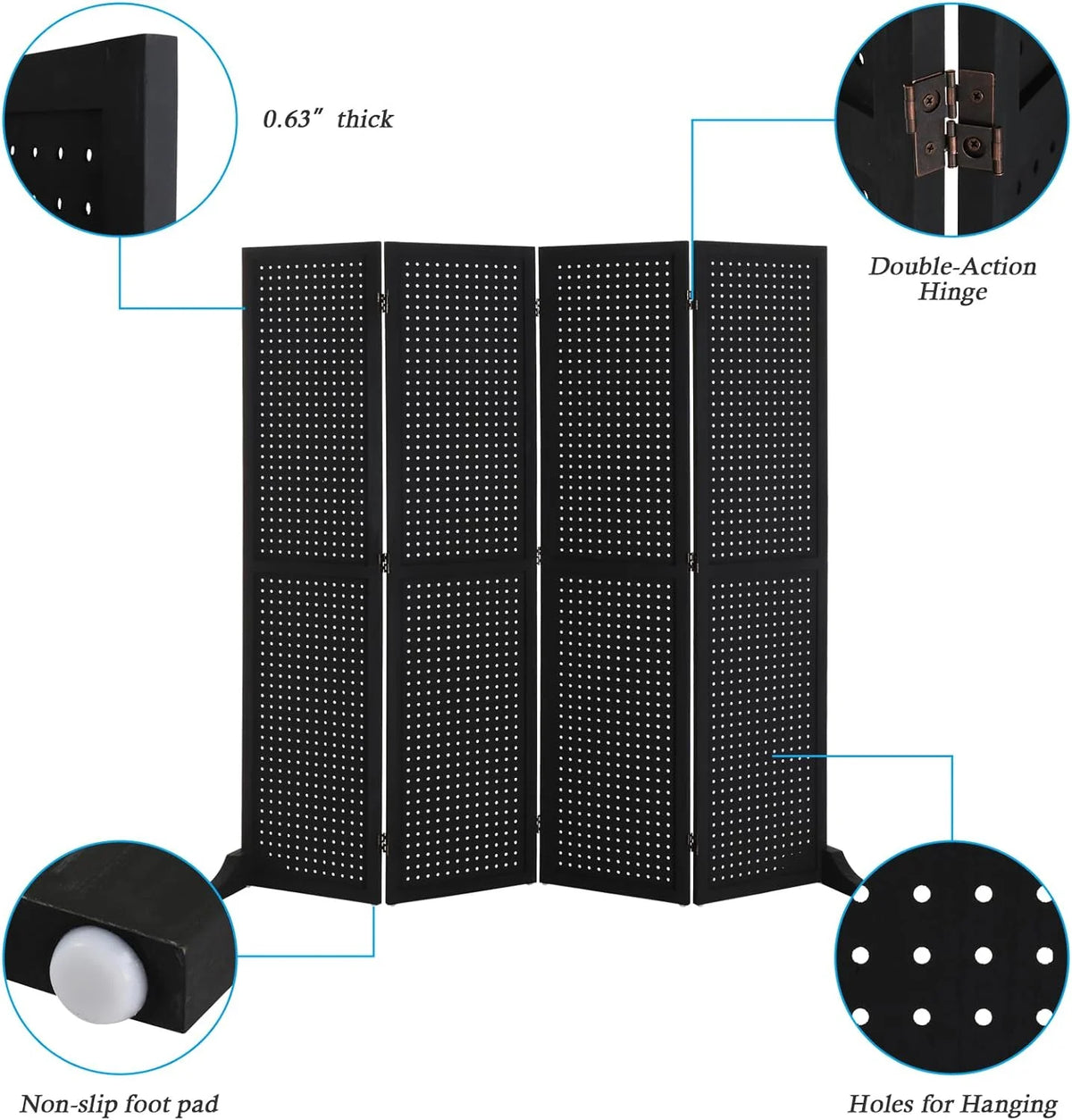 Bonnlo 4 Panel Pegboard Freestanding, 5 FT Portable Display for Craft Show Jewelry, Wooden Folding Room Divider