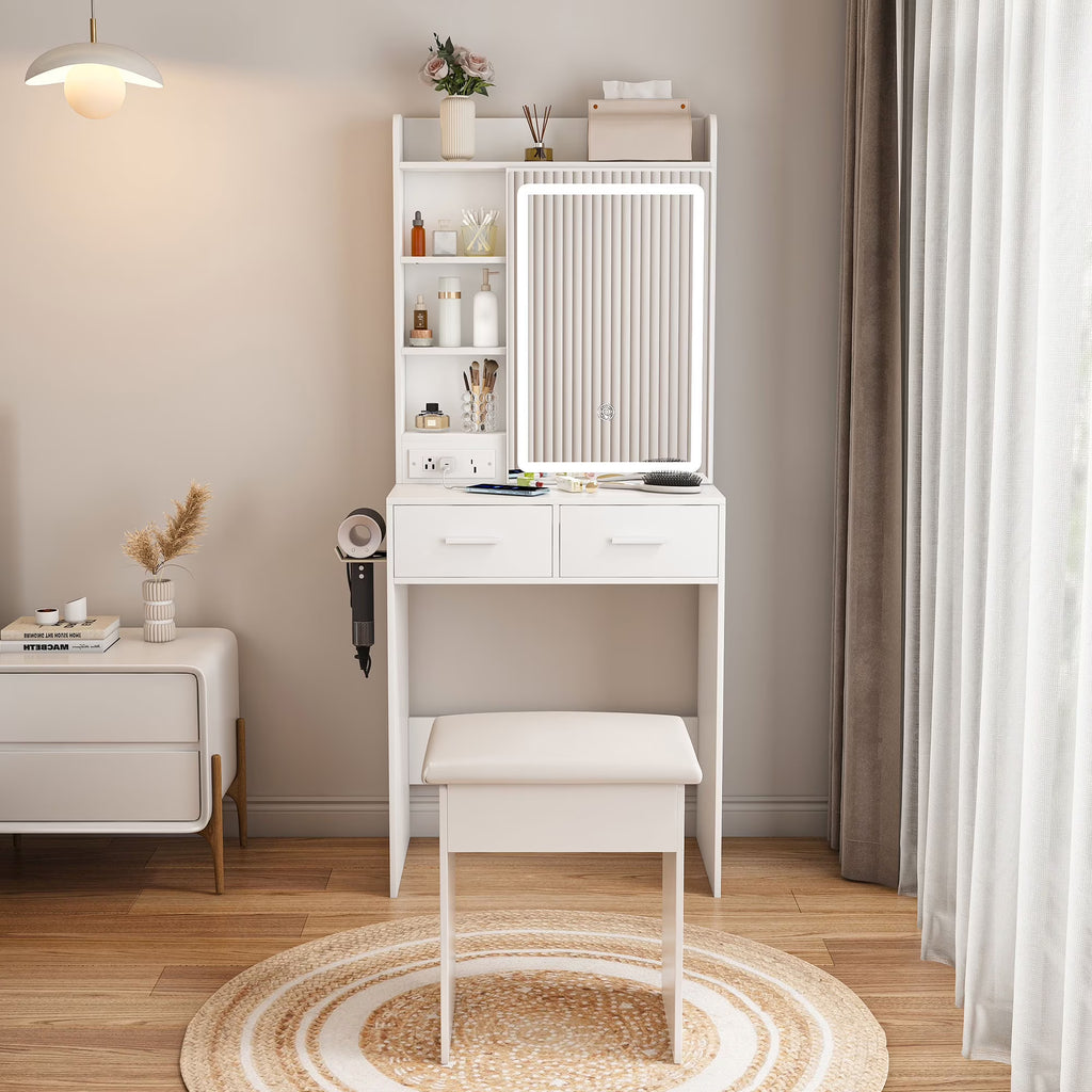 Small White Makeup Vanity Desk with Mirror and Adjustable LED Lights, Built-in Power Outlet and Hidden Storage