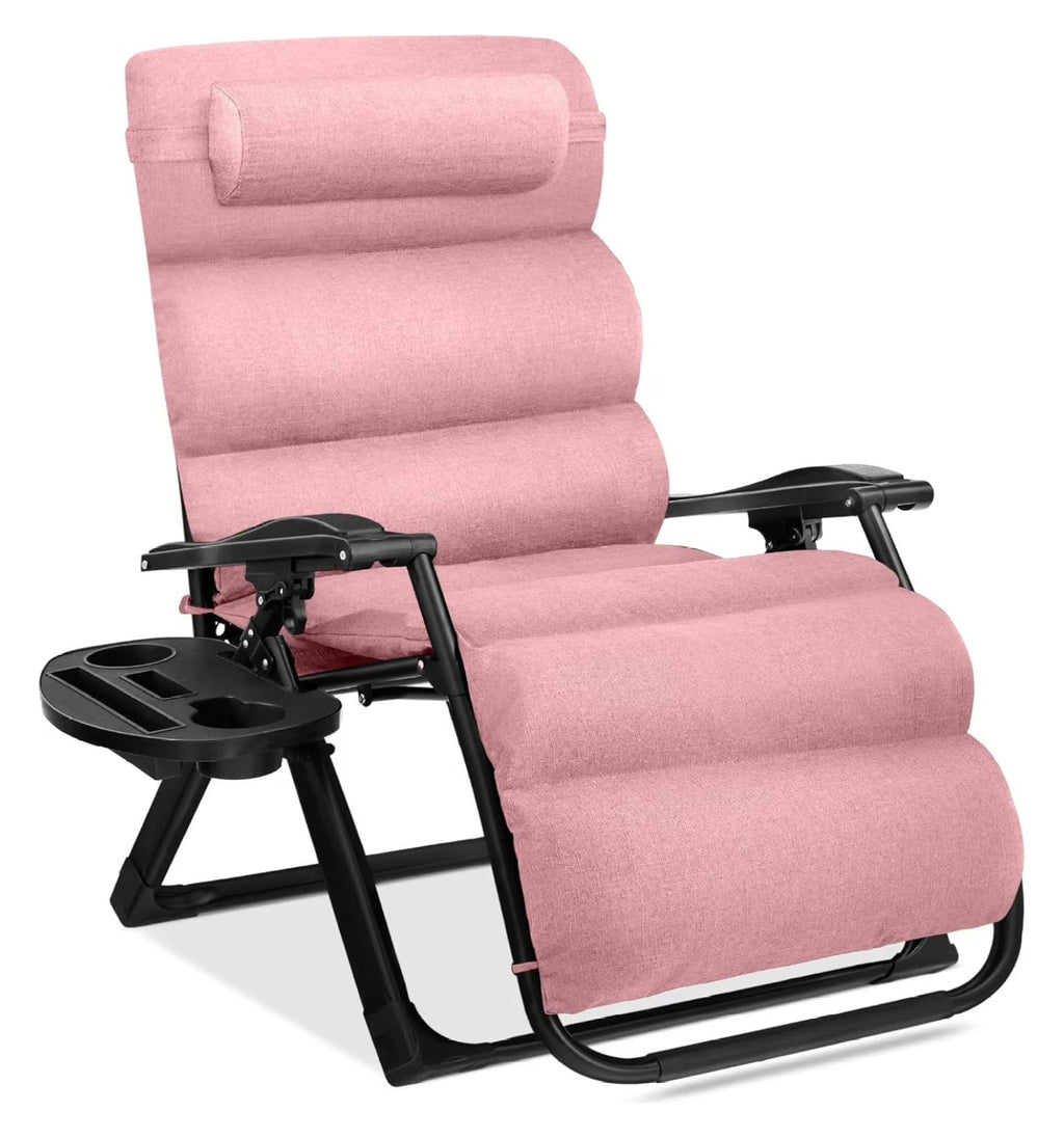 Oversized Chair, Folding Outdoor Patio Recliner, XL Anti Gravity Lounger w/Removable Cushion, Cup Holder, Side Tray, 350lb Capacity - Taupe