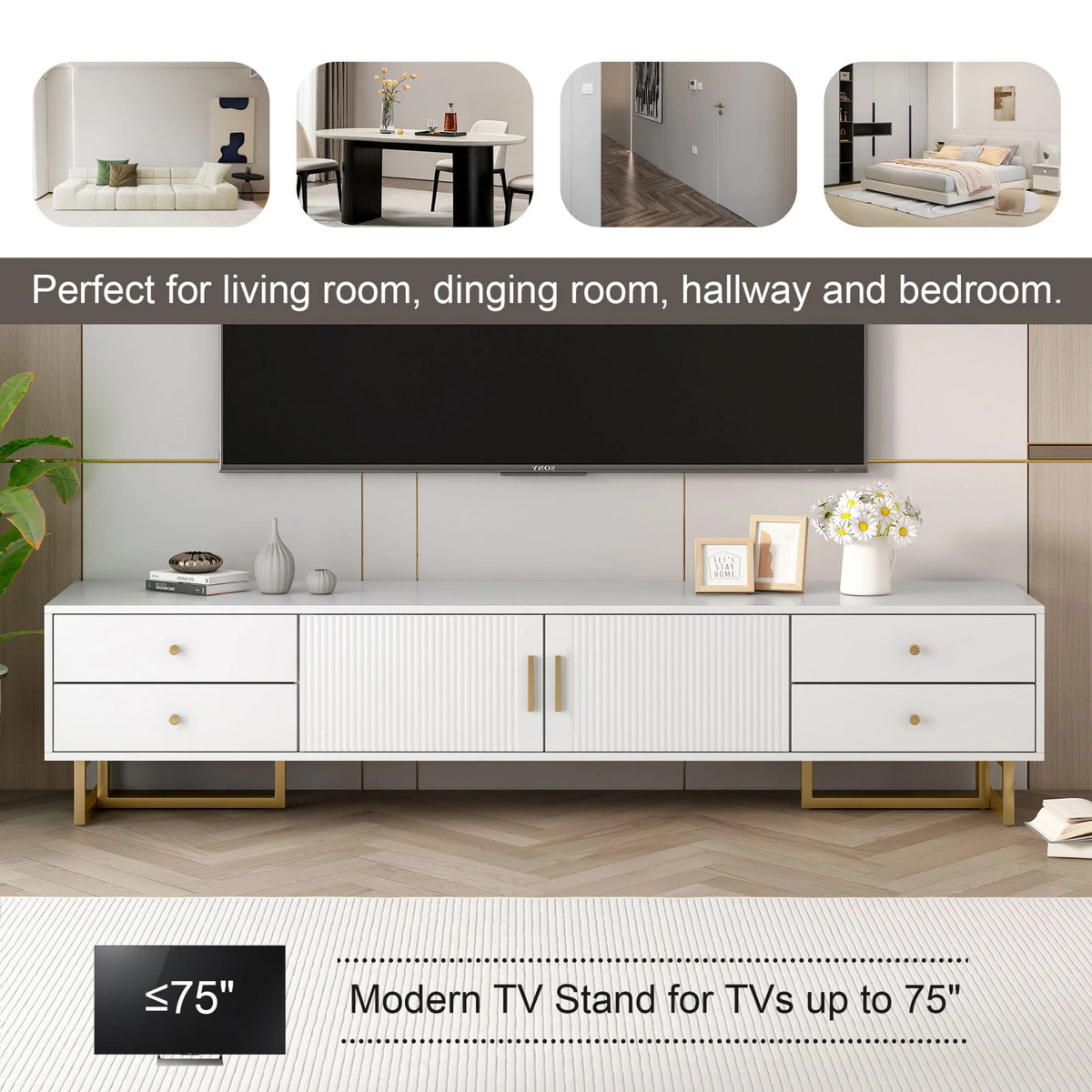 DEALTOPS Stylish TV Stand with 4 Drawers, Spacious Media Console with Metal Legs for TVs Up to 75'', Black