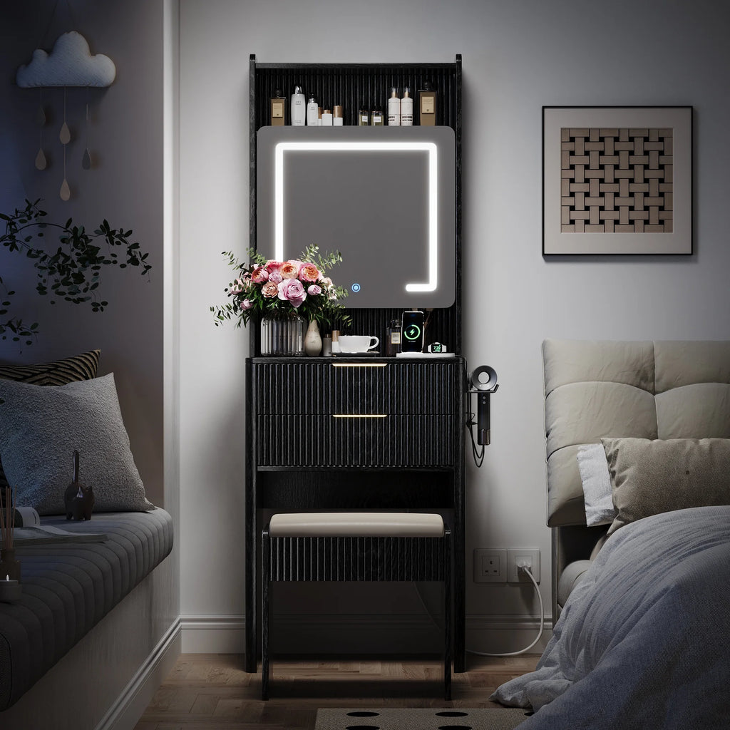 UGTOO 45.2" Modern Vanity Desk with LED Mirror & USB Charging, Wood Makeup Dressing Table with 7 Drawers for Bedroom