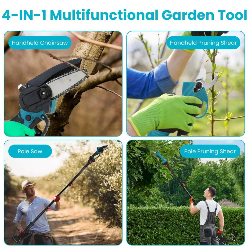 4-in-1 Pole Pruning Shears, Electric Pruning Shears & pole saws for tree trimming with 7 adjustable head angles,Cordless Pole Shears and Battery Pole Saw with 2Pcs 3000mAh rechargeable batteries