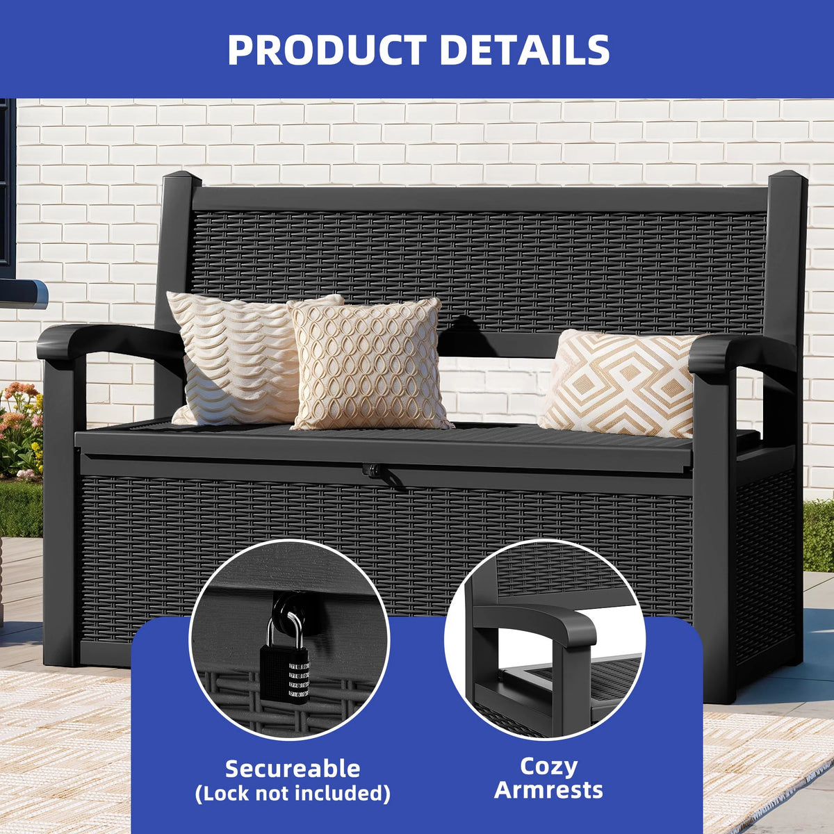ModFusion 70-Gallon Outdoor Resin Storage Cabinet with Rattan Backrest Waterproof Patio Bench Seat, 500 lbs Capacity, Black